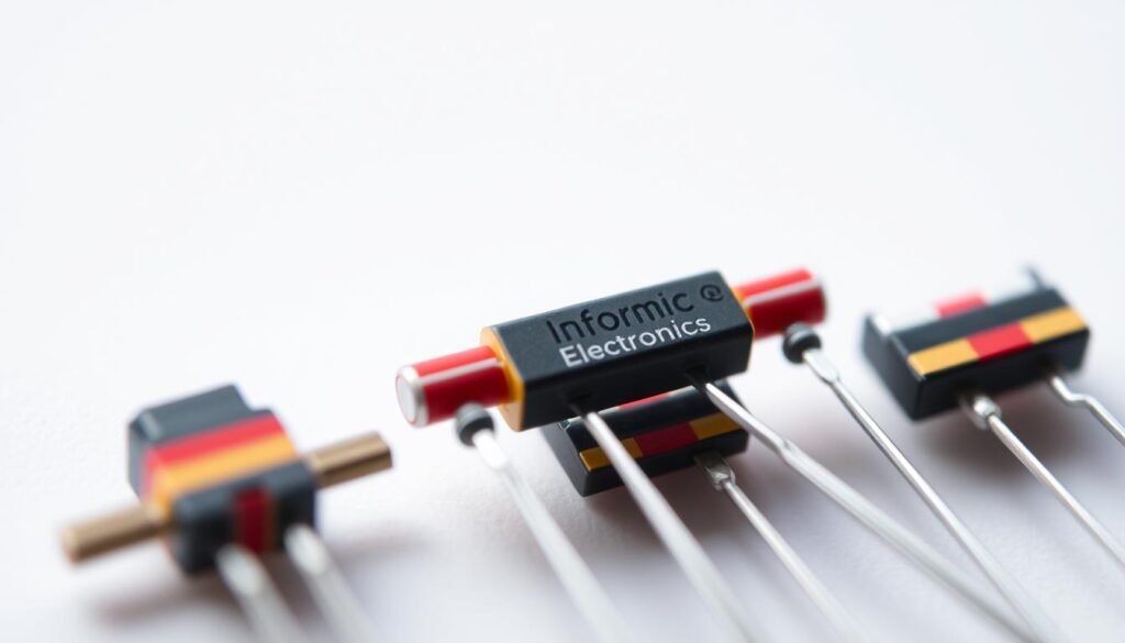 A close-up macro shot of various SMD (Surface Mount Device) resistors, showcasing their distinctive color-coded markings against a clean, minimalist background. The resistors are illuminated by soft, even lighting, allowing the intricate details of the bands and numerical values to be clearly visible. The composition emphasizes the technical and engineering nature of the subject, with the Informic Electronics brand name subtly displayed on one of the resistor components. The image conveys a sense of precision, clarity, and educational focus, perfectly suited for the "Understanding Resistor Size Codes and Markings" section of the "SMD Resistor Size Chart" article.