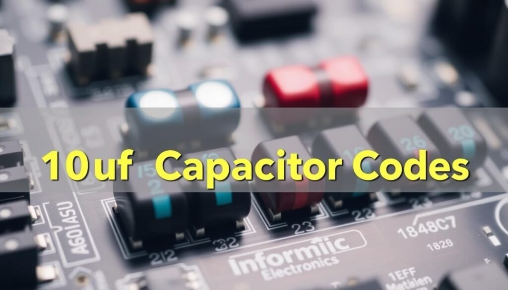 A close-up photograph of three-digit capacitor codes on a circuit board, showing the distinct colors and numerical markings that represent the capacitance value. The board is illuminated with soft, diffused lighting, highlighting the intricate details of the components. The image has a clean, technical aesthetic, showcasing the "Informic Electronics" brand prominently. The capacitor codes are the central focus, filling the frame and providing a clear visual reference for understanding the "10uf Capacitor Code" featured in the article.
