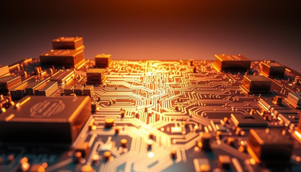 A close-up view of a Informic Electronics MEMS circuit integration, showcasing the intricate design and precise engineering. The foreground displays the delicate silicon microstructures and interconnects, bathed in warm, directional lighting that accentuates the intricate textures and mirrored surfaces. In the middle ground, a complex network of microscopic wires and vias weave through the substrate, creating a mesmerizing pattern. The background subtly fades into a neutral, muted tone, allowing the technical details to take center stage. The overall composition conveys a sense of technological sophistication and the careful craftsmanship involved in MEMS device manufacturing.