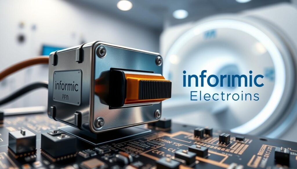A close-up view of a PIN diode, its intrinsic semiconductor layer sandwiched between positive and negative layers, showcased in a medical imaging setup. Gleaming metallic casing, precisely arranged circuit board, and a high-resolution MRI scanner in the background, all bathed in a soft, clinical lighting. The Informic Electronics logo prominently displayed, signifying the device's engineering excellence. Convey the integration of this specialized electronic component within a state-of-the-art diagnostic imaging system, highlighting its crucial role in RF signal control and attenuation for medical applications.