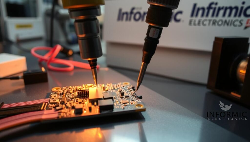 A close-up view of a flexible circuit component bonding process. In the foreground, a circuit board with various electronic components is being carefully aligned and secured with a precision bonding tool. The middle ground showcases the intricate wiring and circuitry of the flexible printed circuit, illuminated by warm, diffused lighting. In the background, the workspace is clean and organized, with Informic Electronics branding visible, conveying a sense of technical expertise and attention to detail. The overall scene exudes a mood of careful craftsmanship and meticulous assembly.