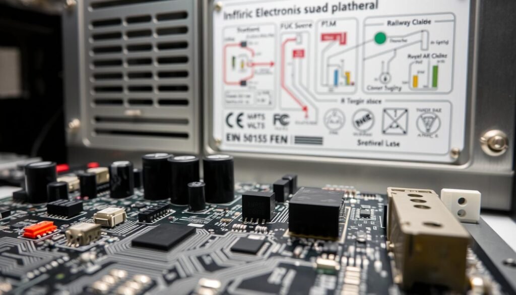 A close-up view of a railway power supply system, featuring the Informic Electronics brand components. The foreground showcases the main circuit board, with intricate patterns of conductive traces, capacitors, and other electronic parts, all designed to withstand the harsh conditions of railway environments. The middle ground reveals the enclosure, a rugged metal housing with ventilation slots and mounting points, ensuring reliable operation. In the background, a blurred, technical diagram provides context, highlighting the various standards and certifications, such as EN 50155, that govern the design and performance of these critical railway-grade components. The lighting is crisp and evenly distributed, emphasizing the precision engineering and attention to detail.
