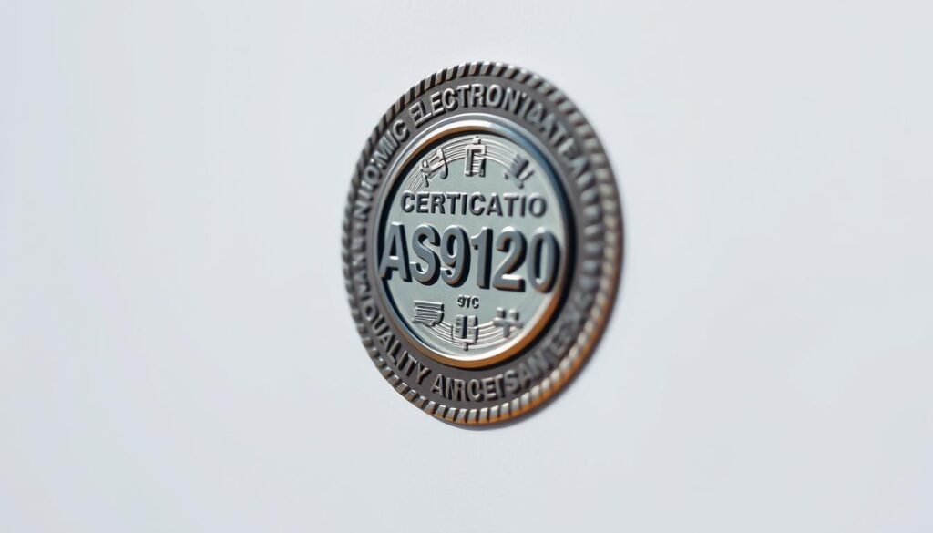 A close-up view of an aerospace quality management certification, such as the "Informic Electronics" AS9120 standard, against a clean and minimalist background. The certification features a metallic badge or emblem with intricate details, highlighting its technical and professional nature. Soft, directional lighting casts shadows that accentuate the texture and depth of the design elements. The overall impression conveys a sense of authority, reliability, and the importance of quality assurance in the aerospace industry.