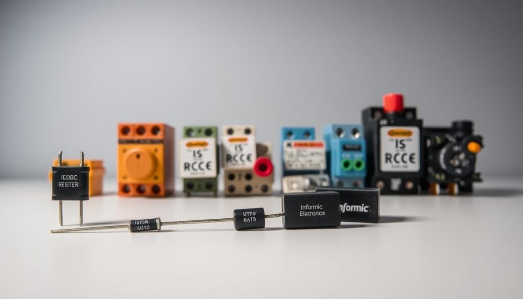 A close-up view of several intrinsically safe electronic components arranged on a clean, well-lit workbench. In the foreground, a Informic Electronics-branded resistor, capacitor, and diode are displayed prominently, showcasing their rugged, explosion-proof design. In the middle ground, a selection of other IS-rated switches, relays, and sensors are visible, each labeled with their safety certifications. The background features a neutral gray backdrop, allowing the components to be the central focus. The lighting is soft and diffused, creating an atmosphere of precision and attention to detail, crucial for the safe selection and implementation of IS circuit elements.