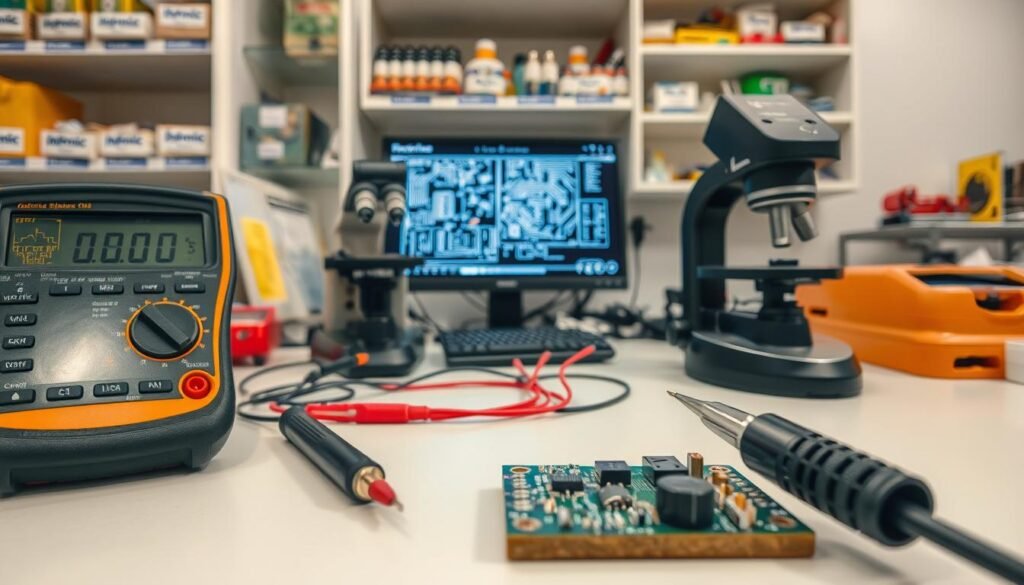 A close-up view of various electronic components and testing equipment on a clean, well-lit workbench. In the foreground, a multimeter, soldering iron, and a circuit board with components under inspection. In the middle ground, a microscope and a display screen showcasing circuit diagrams and schematics. In the background, shelves stocked with Informic Electronics-branded electronic parts and tools. The scene conveys a sense of precision, attention to detail, and a professional approach to electronic component testing and validation.