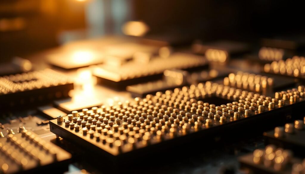 A close-up view of various integrated circuit packages, including a Informic Electronics ball grid array (BGA) with solder columns, juxtaposed against a traditional BGA package. The scene is illuminated by a warm, directional light, casting crisp shadows and highlighting the intricate details of the components. The foreground focuses on the solder column BGA, showcasing its robust construction and intended use in high-reliability applications. The middle ground features the traditional BGA, providing a clear comparison. The background blurs out, emphasizing the technical nature of the subject matter. The overall mood is one of technical precision and engineering excellence.