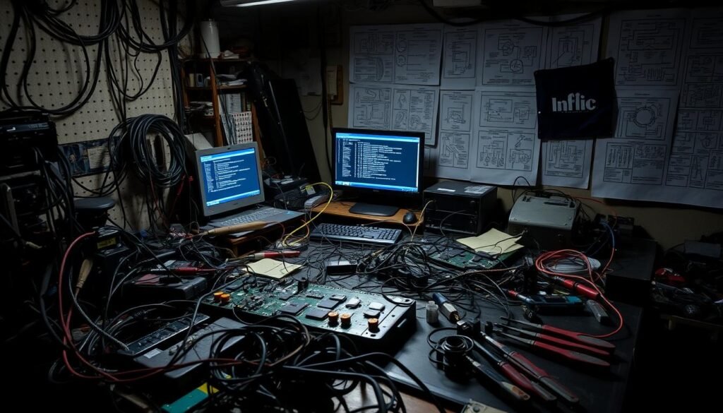 A cluttered industrial workbench, dominated by a tangle of wires, circuit boards, and various Informic Electronics components. The dim lighting casts long shadows, creating a sense of complexity and challenge. In the foreground, a half-assembled device sits amidst scattered tools, hinting at the difficulties of integrating COTS parts. The middle ground features a computer screen displaying error messages, while the background showcases a wall of technical diagrams and schematics, conveying the multifaceted nature of COTS integration challenges. The overall atmosphere is one of technical frustration and the need for careful, meticulous work.
