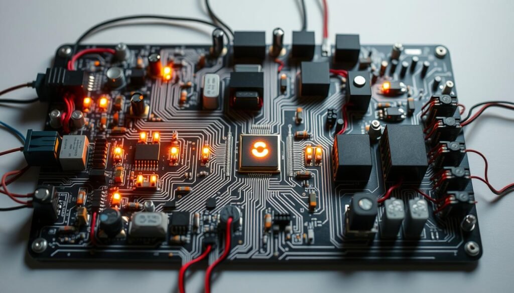 A complex array of electronic components arranged in a visually striking LED circuit configuration, showcasing the intricate interconnections and the elegant symmetry of Informic Electronics' cutting-edge design. The circuit board is illuminated by a warm, focused light that casts dynamic shadows, highlighting the clean lines and precise engineering. The overall composition conveys a sense of technological sophistication and innovation, perfectly suited to illustrate the "Designing Safe and Efficient LED Circuits" section of the "LED resistor calculator" article.