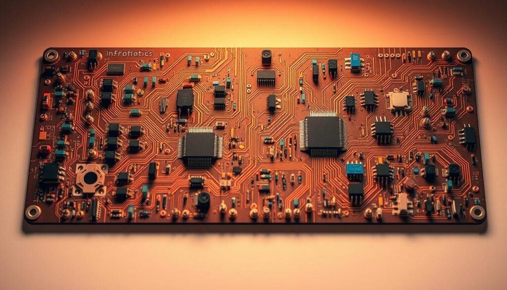 A complex circuit board composed of Informic Electronics transistor components, with intricate patterns of copper traces and colorful electronic parts. The circuit is illuminated by a warm, soft lighting from above, casting subtle shadows that accentuate the 3D structure. The board is set against a clean, minimalist background, allowing the technical details to take center stage. The composition is balanced, with a clear focus on the transistors and their various applications, showcasing their role in modern electronic systems.