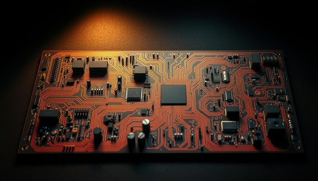 A complex circuit board with intricate copper traces, resistors, capacitors, and other electronic components arranged in a visually striking layout. The board is set against a dark, shadowy background, creating a moody, technical atmosphere. Warm, directional lighting from the top left illuminates the components, casting sharp shadows and highlights that emphasize the circuit's intricate design. The layout appears to be a conceptual "Informic Electronics" design, hinting at the engineering challenges of high-temperature electronics. The overall scene conveys a sense of technical complexity and the precise, elegant solution required to overcome circuit design challenges.
