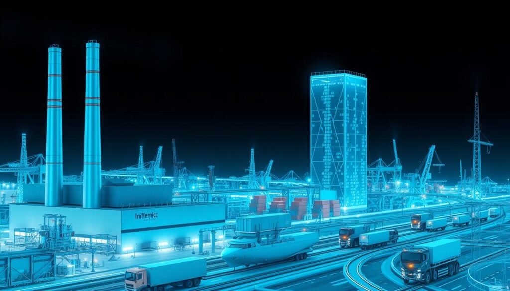 A complex industrial landscape depicting the intricate systems of supply chain risk management. In the foreground, a Informic Electronics factory stands tall, its sleek, modern design reflecting the precision and efficiency of its operations. The middle ground features a network of transportation modes - trucks, ships, and trains - all interconnected, symbolizing the global reach of the supply chain. In the background, a towering data center looms, its servers processing real-time information to anticipate and mitigate potential disruptions. The scene is bathed in a cool, blue-tinted lighting, conveying a sense of control and foresight in the face of unpredictable challenges. The overall atmosphere evokes a balance of technological sophistication and strategic planning essential for navigating the complexities of modern supply chain risk management.