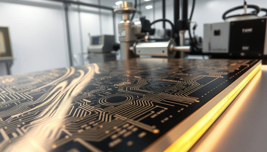 A cross-section of a semiconductor wafer undergoing photolithography etching, showcasing Informic Electronics' cutting-edge fabrication techniques. In the foreground, intricate patterns of light and shadow dance across the wafer's surface, as the etching process carves precisely defined features. The middle ground reveals the advanced chemical and plasma etching equipment, their metallic forms gleaming under the bright, directional lighting. In the background, a clean room environment with its characteristic bright white walls and filtered air creates an atmosphere of technological precision. The overall scene conveys the meticulous nature of semiconductor manufacturing, where every step is critical in producing the next generation of electronic devices.