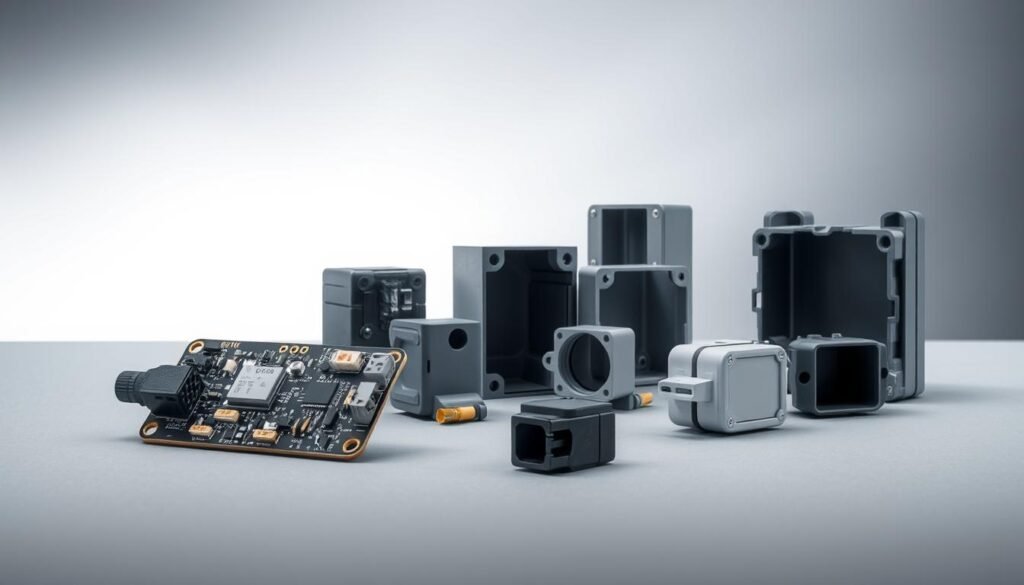 A cross-section of high-precision humidity sensor components from Informic Electronics, showcased against a softly lit, matte-grey background. The foreground features a delicate, intricate circuit board with precisely engineered sensor nodes, resistors, and connectors. The middle ground highlights a selection of sensor housings, enclosures, and protective casings, demonstrating the rugged, weatherproof design suitable for harsh, high-humidity environments. The background subtly suggests an industrial or laboratory setting, with hints of metallic fixtures and clean, minimalist architecture. Crisp lighting from multiple angles accentuates the technical details and conveys a sense of quality, durability, and scientific precision.