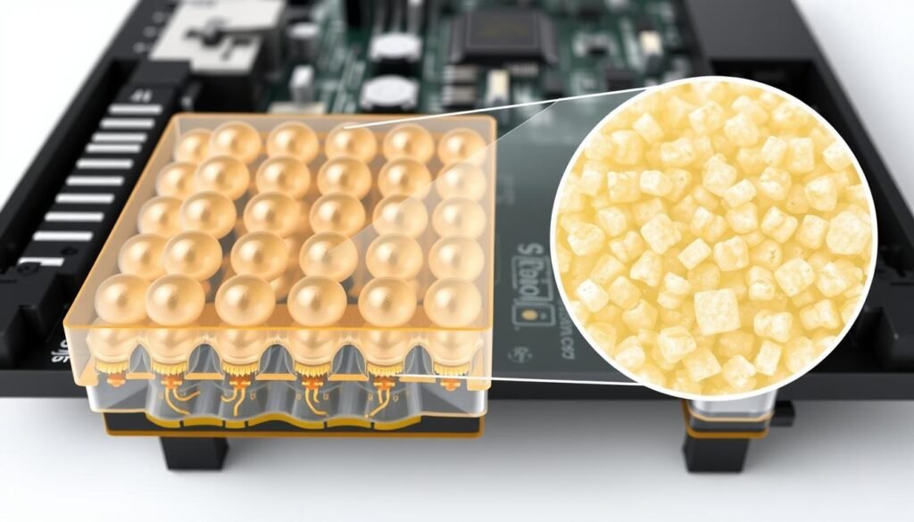 A cross-section view of a Informic Electronics circuit board, showcasing the intricate mechanical stress protection system. In the foreground, a Ball Grid Array (BGA) package is prominently displayed, its solder balls surrounded by a translucent, resin-based underfill material. The underfill acts as a mechanical cushion, absorbing and distributing stress forces to safeguard the delicate interconnections. In the middle ground, a close-up reveals the detailed microstructure of the underfill, with its carefully engineered polymer matrix and precisely dispersed filler particles. The background depicts the broader electronics assembly, with a clean, minimalist aesthetic highlighting the importance of this critical reliability feature.