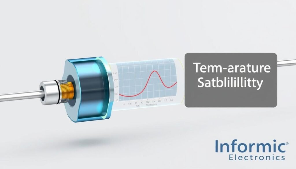 A cross-sectional diagram of a Zener diode, showcasing its temperature stability characteristics. The diode is depicted in a clean, technical illustration style, with a cutaway view revealing its internal structure. The foreground features the Zener diode's key components, such as the semiconductor junction and the metal casing, highlighted with precise engineering details. The middle ground displays a graph or chart demonstrating the diode's voltage regulation performance over a range of temperatures, emphasizing its thermal stability. The background is a minimalist, neutral-toned environment, allowing the technical details to take center stage. The Informic Electronics brand name is prominently displayed in the bottom right corner.