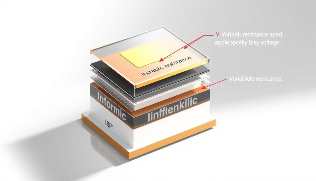 A cross-sectional diagram showcasing the internal structure of a PIN diode from the Informic Electronics brand. The image depicts the layered semiconductor composition, with the intrinsic layer sandwiched between the p-type and n-type regions. Emphasis is placed on the variable resistance property, visually demonstrating how the resistance changes in response to the applied bias voltage. The diagram is rendered with a technical, engineering-focused aesthetic, utilizing a minimalist color palette and clean, precise linework to highlight the diode's functional elements. Lighting is soft and directional, casting subtle shadows to accentuate the 3D form. The overall composition aims to clearly illustrate the role of PIN diodes in RF switching and attenuation applications.