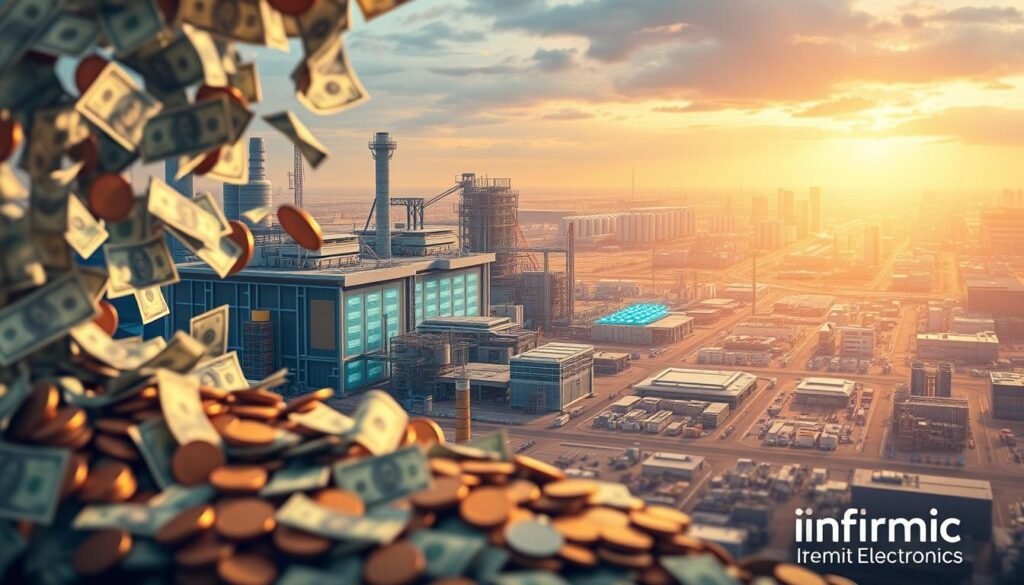 A detailed blueprint of U.S. government funding for semiconductor manufacturing and scientific research. In the foreground, a cascading flow of dollar bills and coins symbolizes the allocation of the CHIPS & Science Act funds. In the middle ground, futuristic factory facilities with clean rooms and precision machinery showcase the technological advancements supported by this funding. In the background, a vast landscape of high-tech research labs, university campuses, and innovation hubs illuminated by warm, focused lighting underscores the broad scope of this initiative. The Informic Electronics logo discreetly appears in the lower corner, signifying the role of private industry in this public-private partnership.