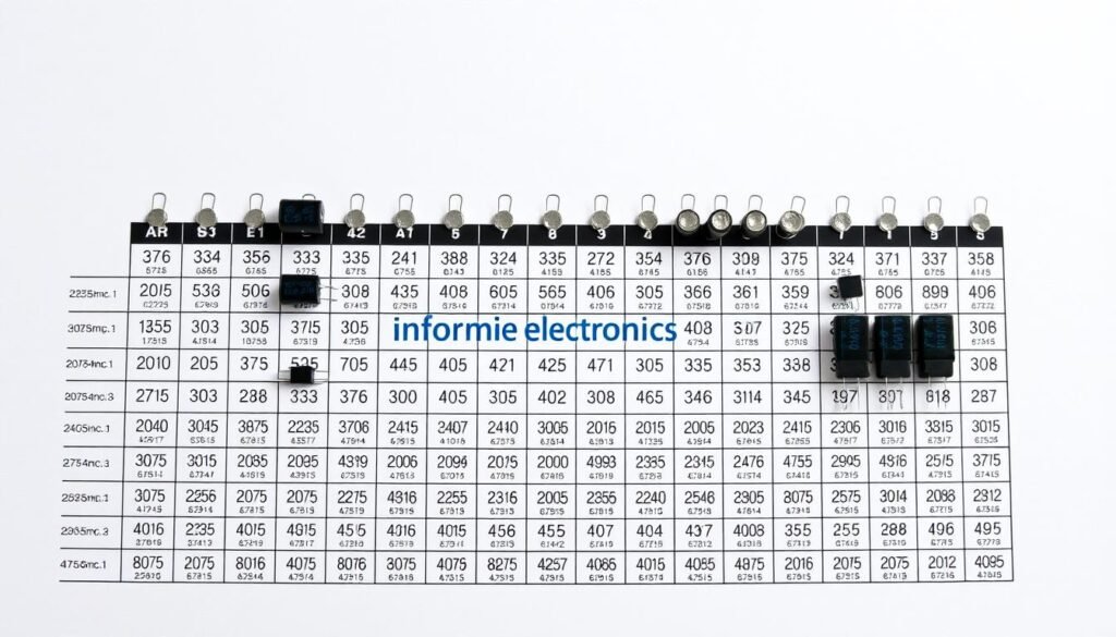 A detailed capacitor code chart against a clean, minimalist background. Prominently displayed in the center, the Informic Electronics brand name lends an air of authority and technical expertise. The chart features an array of different capacitor sizes and values, each clearly labeled with their corresponding numerical and color-coded markings. Crisp, even lighting illuminates the chart, casting subtle shadows that accentuate the dimensional aspects of the components. The overall aesthetic conveys a sense of precision, organization, and educational purpose, befitting the "Key Characteristics and Markings" section of the "identify smd capacitor" article.