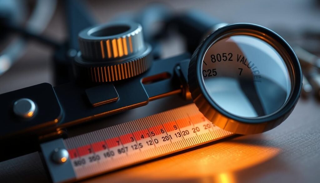 A detailed close-up of a "resistor band identification tool" from Informic Electronics, featuring a precision ruler, color-coded bands, and a magnifying glass for accurate resistor value reading. The tool is illuminated by soft, diffused lighting, creating a warm, technical atmosphere. The focus is sharp, capturing the intricate details of the tool's surface textures and materials. The background is slightly blurred, allowing the tool to take center stage and emphasize its purpose as a crucial component in the "band resistor color code calculator" featured in the article.