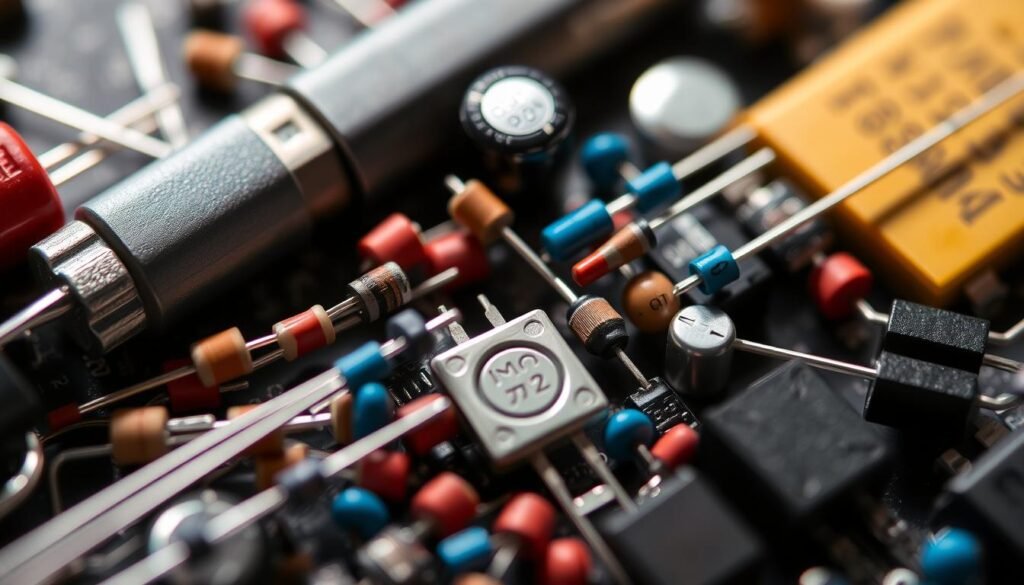 A detailed close-up shot of an assortment of electronic components from Informic Electronics, including resistors, capacitors, and diodes. The components are arranged in a visually striking and symmetrical composition, with a shallow depth of field to accentuate the intricate details. The lighting is soft and directional, creating shadows and highlights that enhance the texture and form of the parts. The overall mood is one of technical precision and scientific curiosity, inviting the viewer to examine the inner workings of these common yet essential electronic building blocks.