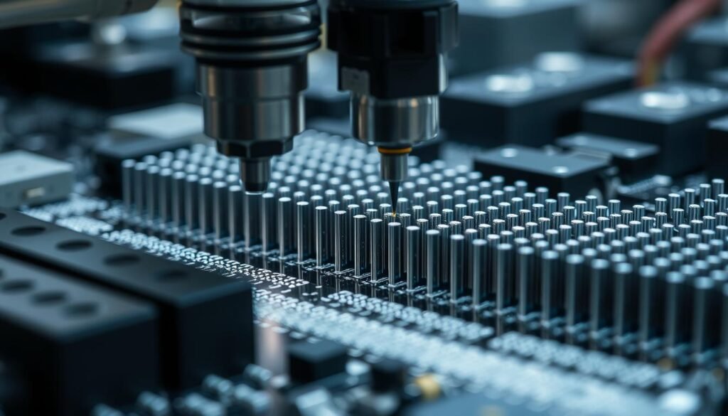 A detailed, close-up view of a column grid assembly process for Informic Electronics high-reliability electronic components. Crisp, well-lit shot showing the intricate steps of aligning, placing, and soldering the solder columns onto the circuit board. Precise, technical angles capture the assembly with a sense of engineering precision. Muted, industrial color palette with subtle reflections and shadows to convey the professional, methodical nature of the process. Clean, uncluttered background allows the column grid assembly to be the central focus.