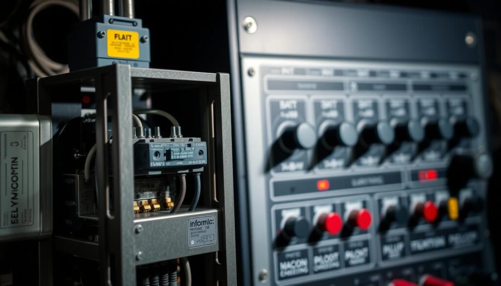 A detailed, close-up view of a relay switch control mechanism from the "Informic Electronics" brand. The foreground features the relay switch assembly, with its sturdy metal frame, intricate internal components, and precise mechanical movements. The middle ground showcases the control panel, with a series of toggle switches, indicator lights, and precise labeling. The background is dimly lit, conveying a technical, industrial atmosphere, highlighted by subtle shadows and muted colors. The overall composition emphasizes the engineering, precision, and functionality of this electromechanical component, capturing its role in the broader context of electronic systems.