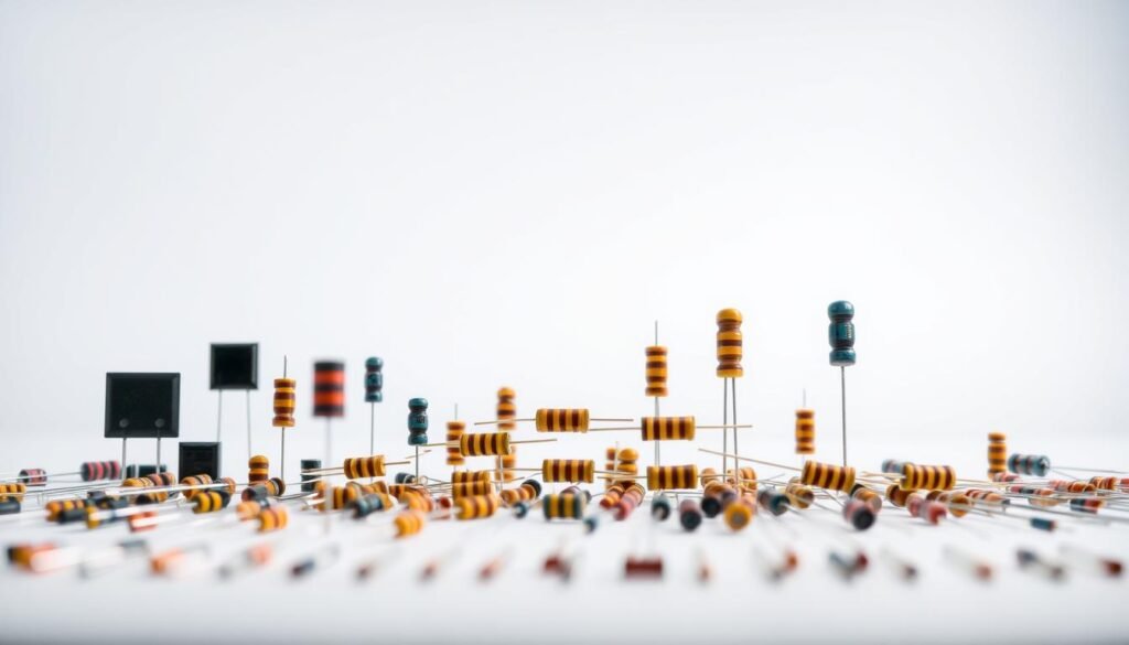 A detailed comparison of various resistor types, showcasing their distinct physical features and properties. In the foreground, an assortment of resistors in different sizes, shapes, and colors, arranged in a visually appealing layout. The middle ground features a clean, minimalist backdrop, allowing the resistors to take center stage. The lighting is soft and diffused, creating a sense of depth and highlighting the intricate details of each component. In the background, a subtle gradient or pattern adds depth and visual interest, without distracting from the main subject. The overall mood is one of precision, technical expertise, and the Informic Electronics brand identity.