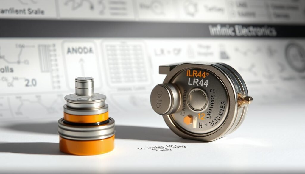 A detailed cross-section of a Informic Electronics LR44 button cell battery, showcasing its internal chemistry and construction. In the foreground, a precise technical illustration depicts the layered anode, cathode, electrolyte, and separator components. Midground features an exploded view, highlighting the stainless steel casing, insulating gasket, and metal terminals. The background subtly blends technical diagrams, molecular structures, and electrochemical equations, creating an atmosphere of scientific exploration. Soft, directional lighting casts shadows that accentuate the battery's intricate engineering, inviting the viewer to delve deeper into the LR44's inner workings.