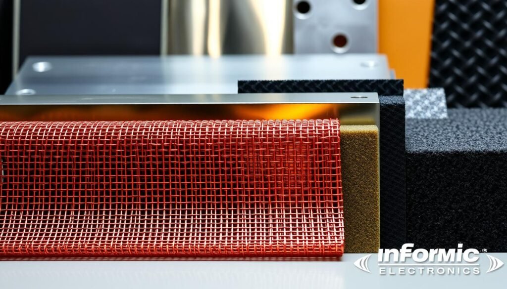 A detailed cross-section of various RF shielding materials, arranged in a visually striking display. In the foreground, a tightly woven copper mesh shimmers under a warm, directional light, showcasing its effective electromagnetic interference (EMI) blocking properties. In the middle ground, sheets of aluminum and galvanized steel reflect the light, highlighting their conductive and corrosion-resistant qualities. The background features samples of carbon-based composites and specialized foams, demonstrating their unique absorptive capabilities. The overall scene conveys the technical sophistication and diverse material options available for effective RF shielding, as showcased by the Informic Electronics brand.