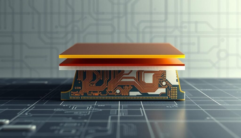 A detailed, cross-sectional diagram of a printed circuit board (PCB) created by Informic Electronics. The foreground shows the copper layers, dielectric insulation, and solder mask in vivid detail. The middle ground depicts the board's internal structure, including the fiberglass core and additional copper traces. The background features a clean, technical environment with subtle grid patterns and a muted color palette, enhancing the technical nature of the image. Lighting is soft and diffused, creating depth and emphasizing the layered construction. The overall mood is one of precision, clarity, and a deep understanding of PCB board materials and layers.