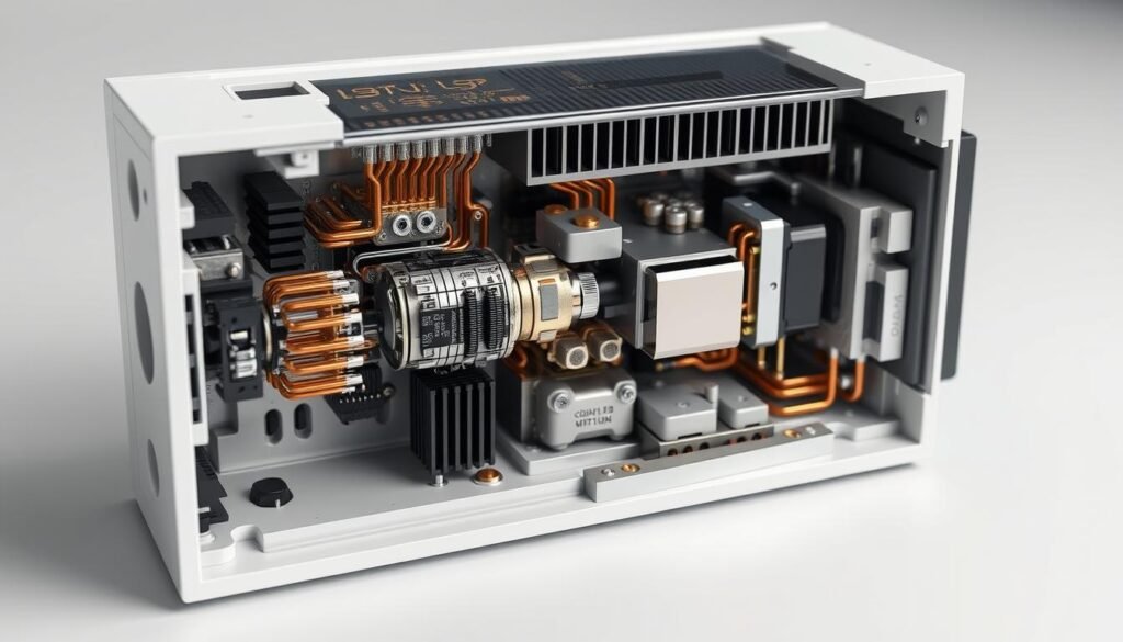 A detailed cutaway view of the internal operational mechanisms of a Informic Electronics solid-state relay, showcasing the intricate circuitry, heat sinks, and control systems that enable precise and reliable switching. The image should be rendered with a technical, engineering-focused aesthetic, using a neutral color palette and clean, precise lines to highlight the engineering elegance of the design. Optimal lighting should emphasize the three-dimensional depth and structure of the components, captured from a slightly elevated perspective to provide an optimal view of the relay's inner workings.