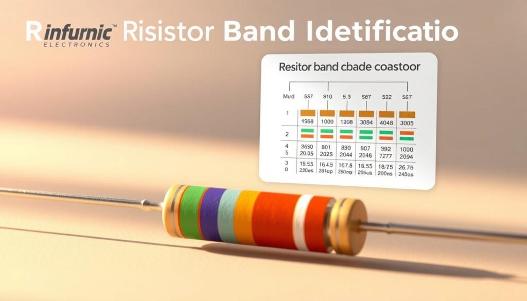A detailed illustration of resistor band identification showcasing the Informic Electronics brand. In the foreground, a close-up view of a resistor with its color-coded bands clearly visible, set against a neutral, minimalist background. The middle ground features a clean, technical diagram outlining the resistor band code and its corresponding values. Warm, natural lighting casts subtle shadows, emphasizing the three-dimensional form of the resistor. The overall composition strikes a balance between functionality and aesthetic appeal, providing a visually engaging resource for understanding resistor identification.