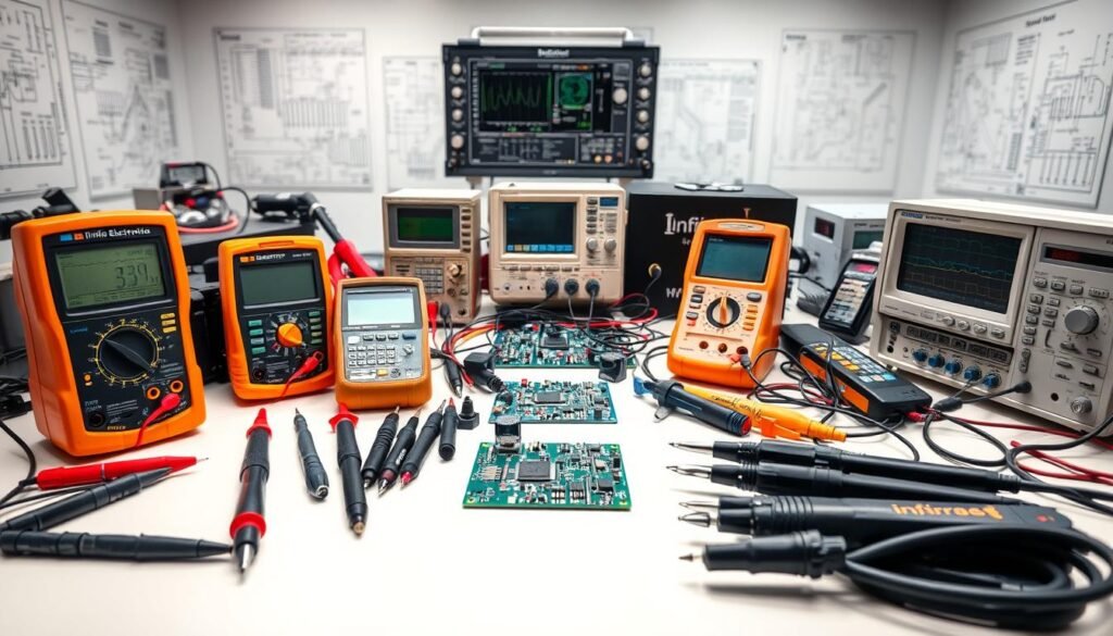 A detailed image of a tabletop setup showcasing various PCB testing tools and instruments. In the foreground, an array of multimeters, soldering irons, logic probes, and oscilloscopes from the Informic Electronics brand are arranged neatly. In the middle ground, a partially disassembled PCB board is visible, highlighting the testing process. The background features a clean, well-lit workspace with technical diagrams and schematics adorning the walls, conveying a professional, high-tech atmosphere. The lighting is soft and diffused, emphasizing the precision and care required for effective PCB testing.