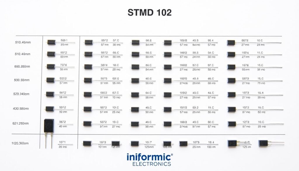 A detailed schematic chart displaying various sizes and dimensions of SMD (surface-mount device) resistors, showcasing their physical characteristics and specifications. The chart is presented on a clean, white background with a minimalist, technical aesthetic. The resistors are arranged in a grid formation, showcasing their dimensional variations with precise measurements and labels. The overall lighting is soft and diffused, highlighting the subtle textures and contours of the resistor components. The chart is branded with the "Informic Electronics" logo, reinforcing the technical and authoritative nature of the information presented.