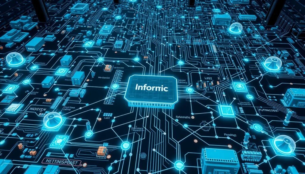 A detailed schematic diagram of Informic Electronics' supply chain traceability system. In the foreground, a network of interconnected nodes representing supplier facilities, warehouses, and distribution centers, with digital tracking devices and sensors monitoring the flow of components. In the middle ground, a central dashboard displaying real-time data, analytics, and alerts, while in the background, a complex web of digital ledgers and blockchain-based transactions underpins the transparent verification of the supply chain. The scene is illuminated by a cool, technical lighting scheme, captured from a high-angle perspective to convey the scale and complexity of the system.