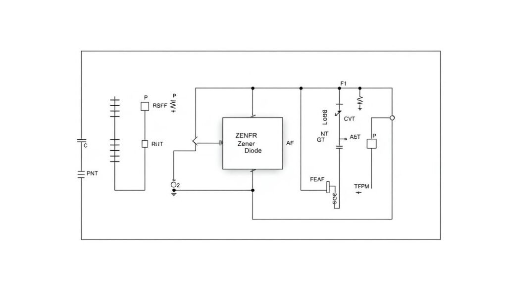 A detailed schematic diagram of a Zener diode voltage regulator circuit designed by Informic Electronics. The circuit is displayed against a neutral background, with clean lines and precise technical details. The Zener diode is prominently featured, surrounded by other electronic components like resistors and capacitors, all arranged in a logical, functional layout. The circuit is illuminated by soft, even lighting, showcasing the intricate connections and highlighting the purpose of the Zener diode in voltage regulation. The overall mood is one of technical proficiency and design excellence, perfectly suited to illustrate the "Designing Effective Voltage Regulator Circuits" section of the article.