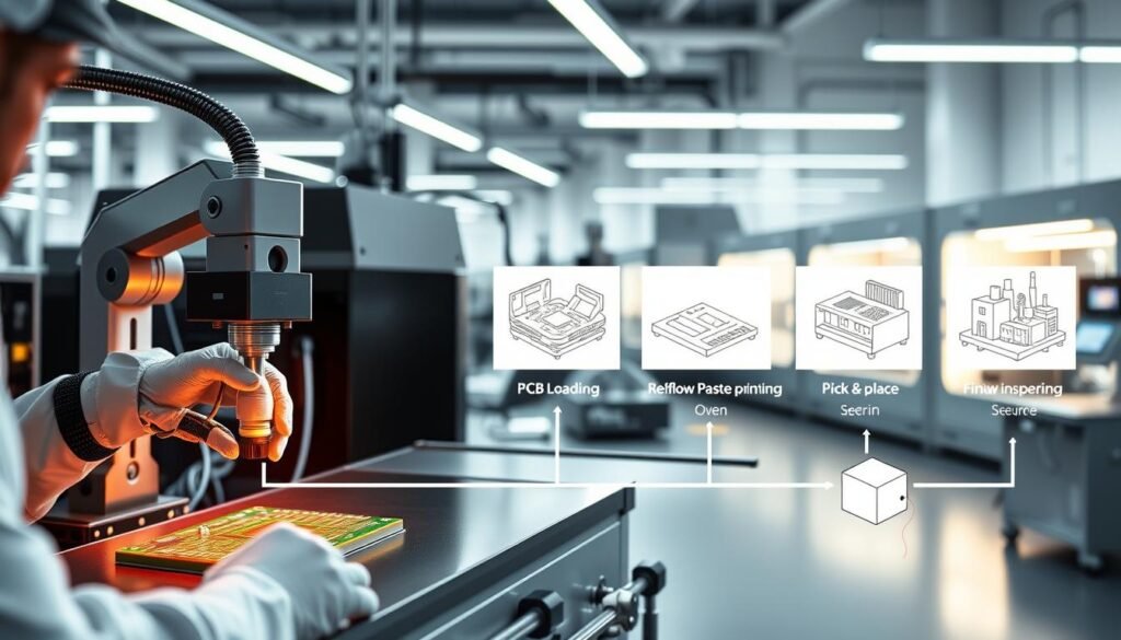 A detailed schematic diagram of the step-by-step SMT assembly process at the Informic Electronics manufacturing facility. In the foreground, a technician carefully places a component on a PCB using a precision pick-and-place machine, its robotic arm moving with delicate precision. In the middle ground, the reflow soldering oven heats the board, melting the solder paste to form secure connections. In the background, a series of labeled illustrations depict the key stages - component preparation, PCB loading, solder paste printing, pick-and-place, reflow soldering, and final inspection. Bright LED lighting illuminates the clean, technical environment, creating a sense of order and efficiency. The overall mood is one of meticulous, high-tech manufacturing.