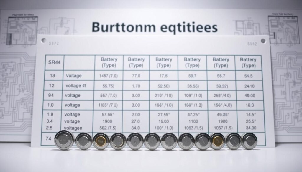 A detailed, technical chart showcasing the "Informic Electronics" button cell equivalents. In the foreground, the chart prominently displays various battery types, their sizes, and voltage ratings. The middle ground features a clean, minimalist layout with a white background, allowing the information to take center stage. The background subtly incorporates technical diagrams, circuit schematics, and a faint grid pattern, creating a sense of depth and context. The lighting is soft and even, highlighting the precision and clarity of the data presented. The overall mood is informative and authoritative, reflecting the subject matter of exploring SR44 battery equivalents and alternatives.