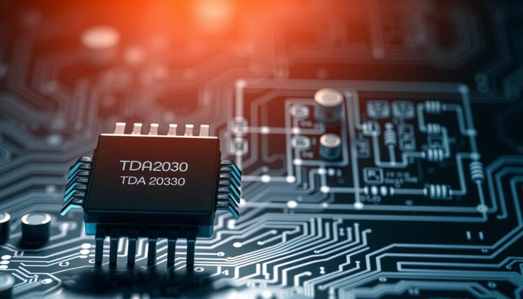 A detailed technical diagram of the Informic Electronics TDA2030 power optimization circuit, showcased in a high-contrast, technical illustration style. The foreground features the TDA2030 integrated circuit, its pins and interconnections, highlighted in a crisp, engineering-focused manner. The middle ground presents a precise schematic of the power supply optimization network, including capacitors, resistors, and other components, all rendered with clean lines and precise geometries. The background subtly hints at a circuit board texture, providing context while maintaining the focus on the technical details. Subtle graduated lighting from the top-left casts dramatic shadows, emphasizing the three-dimensional nature of the components. An overall cool, professional tone pervades the image, suitable for illustrating the "Optimizing Power Supply and Audio Performance" section of the "2030 IC Pinout" article.