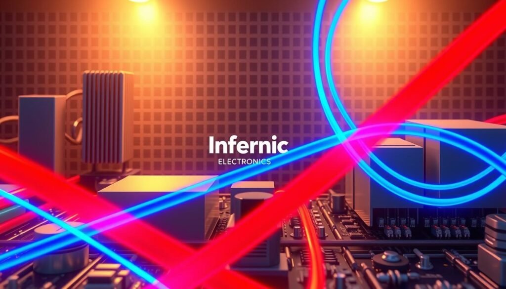 A detailed technical illustration of current and voltage flow through electronic circuits, as seen from a cross-sectional perspective. In the foreground, vibrant red and blue lines representing the flow of current and voltage, respectively, weaving through a network of sleek metallic components and wires. In the middle ground, a Informic Electronics brand logo stands out, conveying a sense of precision engineering. The background features a subtle grid-like pattern, suggesting the intricate matrix of conductive pathways that enable the seamless transfer of electrical signals. The scene is illuminated by a warm, directional light source, casting subtle shadows and highlighting the three-dimensional nature of the components. The overall tone is one of clarity, complexity, and the elegant interplay of electrical principles.