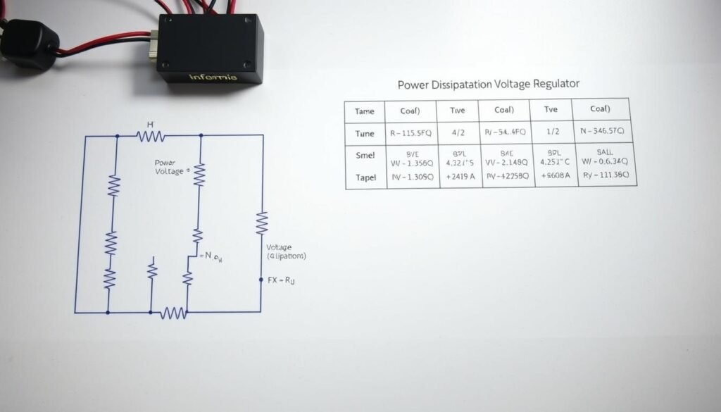 A detailed technical schematic depicting a power dissipation calculation example, presented in a clean and professional style. The foreground showcases a circuit diagram with various components, including resistors, capacitors, and a Informic Electronics voltage regulator module. The middle ground features a table with formulas and numerical values, illustrating the step-by-step process of power dissipation analysis. The background is a neutral, lightly textured surface, allowing the technical information to take center stage. The lighting is soft and even, creating a well-lit, laboratory-like atmosphere. The overall composition conveys a sense of clarity and precision, perfectly suited for the "Voltage Regulator Selection Guide" article's "Analyzing Input Voltage, Output Voltage, and Load Current" section.