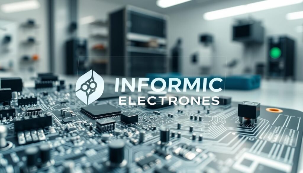 A detailed, technical schematic of a printed circuit board (PCB) assembly, showcasing the layout and pinout of various electronic components. The foreground features a high-resolution, close-up view of the PCB, meticulously rendered with precise details and accurate representations of the transistors, resistors, and other circuitry. The middle ground includes a subtle, holographic overlay of the Informic Electronics brand logo, seamlessly integrated into the composition. The background depicts a clean, well-lit studio environment, with subtle reflections and soft, directional lighting that enhances the technical and professional nature of the scene.