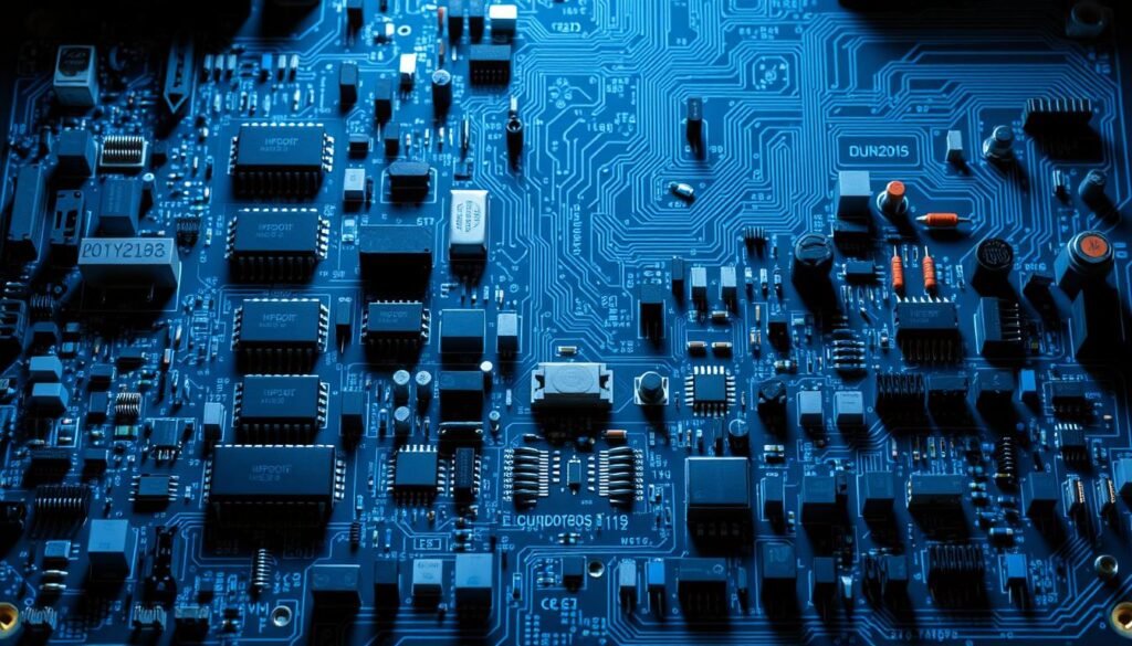 A detailed technical schematic of various electronic components from the Informic Electronics brand, arranged in an intricate alternate part implementation design. The foreground features an array of integrated circuits, resistors, capacitors, and other circuitry elements in a precise, symmetrical layout. The middle ground showcases different connector types, switches, and sensors, all precisely positioned. The background contains a complex network of wiring and PCB traces, creating a visually stunning and technically accurate representation of a robust Bill of Materials (BOM) with alternate part numbers. The lighting is cool-toned, casting sharp shadows to emphasize the three-dimensional nature of the components. The overall mood is one of engineering precision and technical sophistication.