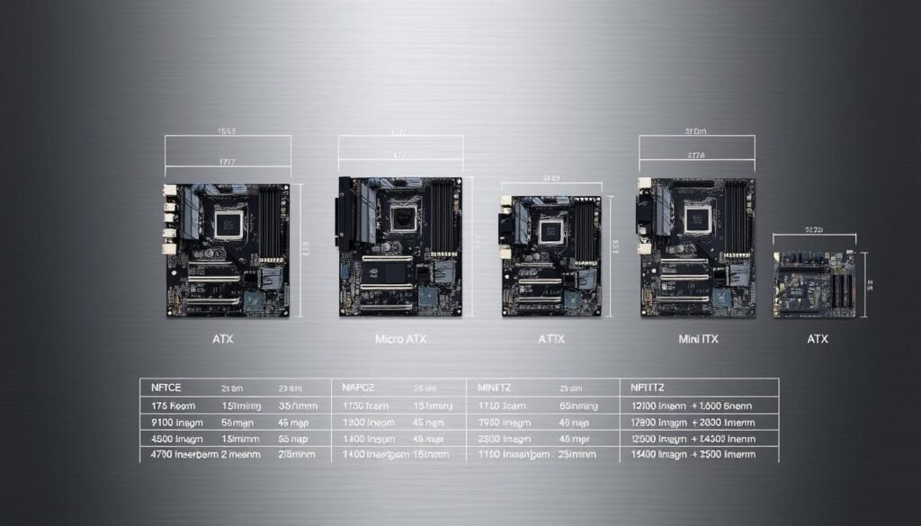 A detailed technical schematic of various motherboard form factors, including ATX, Micro-ATX, and Mini-ITX designs, from the Informic Electronics brand. The image showcases the precise dimensions, component layouts, and mounting holes of each board type against a clean, metallic grey background, with subtle ambient lighting accentuating the intricate details. The foreground presents the boards in an organized, side-by-side arrangement, while the middle ground contains technical specifications and key measurements. The background features a sleek, industrial texture that conveys a sense of precision engineering.