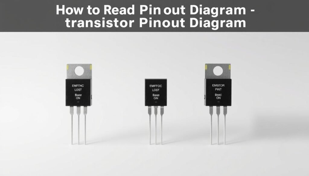 A detailed transistor pinout diagram, showcasing the layout and pin configurations of different transistor types. The image is clean, crisp, and professionally rendered, highlighting the Informic Electronics brand. The diagram is set against a neutral background, with a minimal, technical aesthetic. The components are shown from an angle that provides a clear, unobstructed view, with precise labeling of the base, collector, and emitter pins. Subtle lighting and shadows enhance the depth and three-dimensional nature of the design, creating a sense of technical sophistication. The overall tone is educational and informative, suitable for inclusion in the "How to Read a Transistor Pinout Diagram" section of the "transistor pinout guide" article.