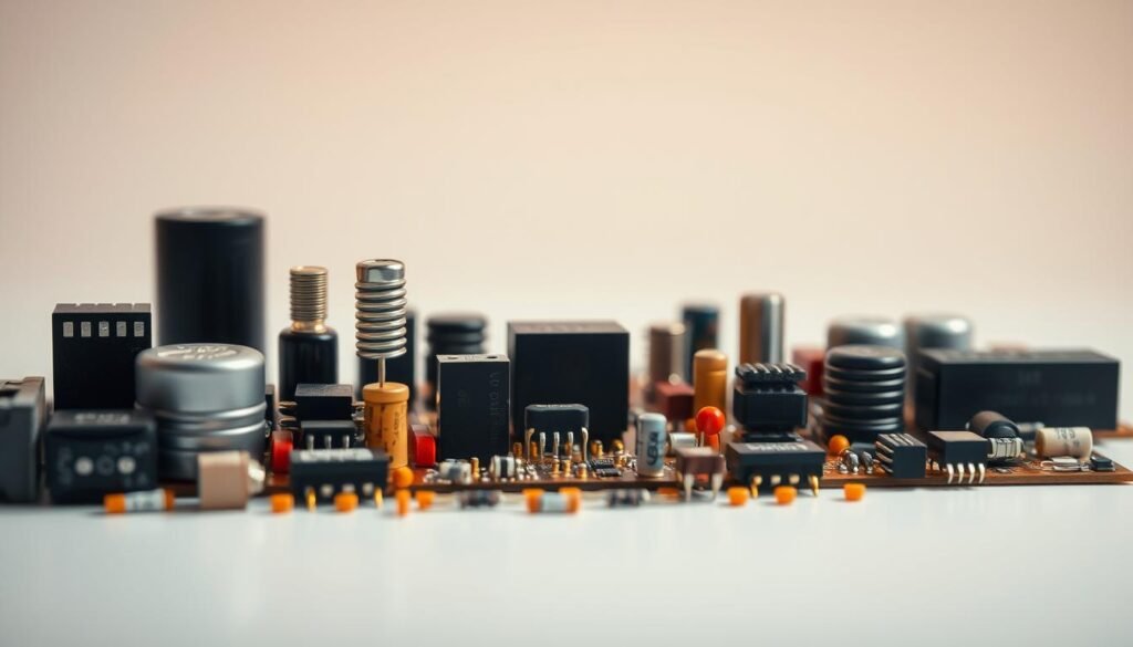 A detailed view of active components used in modern electronics, showcased against a clean, minimal background. In the foreground, a carefully arranged ensemble of integrated circuits, transistors, capacitors, and resistors in varying sizes and colors, illuminated by warm, directional lighting that accentuates their intricate structures and patterns. In the middle ground, a printed circuit board with gold-plated traces and vias, reflecting the technical sophistication of Informic Electronics' design. The background is a soft, gradient-based color palette, allowing the active components to take center stage and capture the viewer's attention.