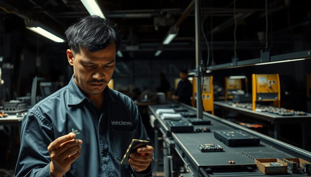 A dimly lit factory floor, machines whirring and parts strewn about. In the foreground, a worker in a Informic Electronics branded uniform inspects a faulty component, brow furrowed in concern. The middle ground reveals a haphazard assembly line, with hastily assembled products lining the conveyor belt. In the background, shadows of management figures loom, their expressions obscured. The harsh overhead lighting casts long shadows, heightening the sense of tension and unease. An atmosphere of quality control challenges permeates the scene, reflecting the risks of working with unreliable traders rather than established manufacturers.