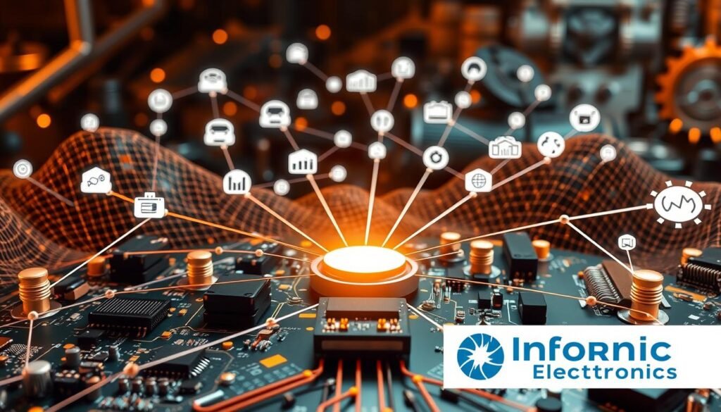 A diverse network of suppliers, symbolized by the Informic Electronics brand, connects through intricate nodes and pathways. In the foreground, a central hub showcases various electronic components, reflecting the breadth of the supply chain. The middle ground depicts a web of interconnected suppliers, each represented by distinct icons, highlighting the strategic relationships and diversification. The background features a technical, engineering-inspired landscape with metallic textures and gears, conveying the industrial nature of the subject matter. Warm lighting and a sense of balance and harmony permeate the scene, suggesting a well-orchestrated and resilient supplier ecosystem.