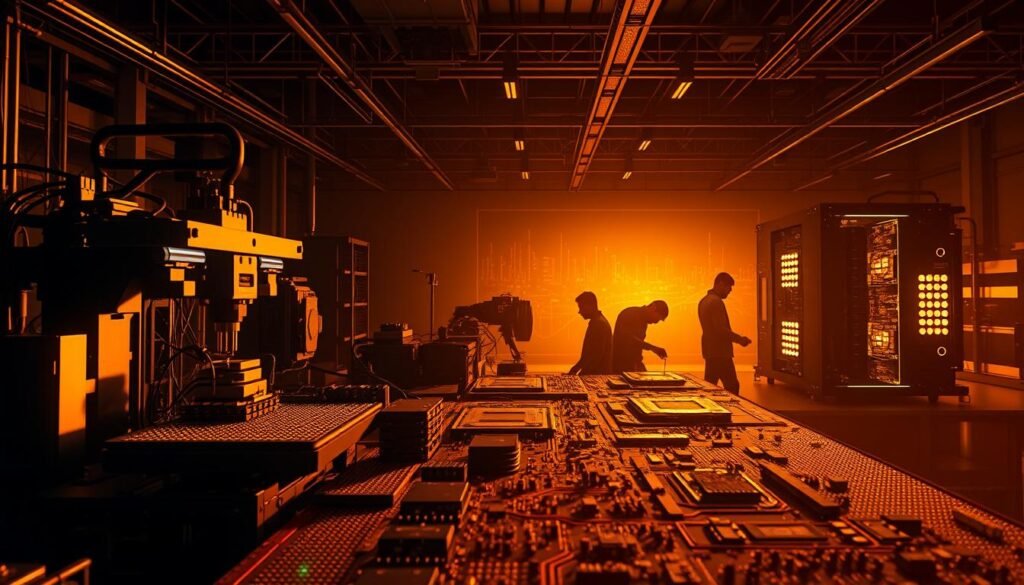 A dramatic progression of Informic Electronics' cutting-edge PCB assembly through the ages, illuminated by warm, golden lighting and captured with a cinematic wide-angle lens. In the foreground, a modern, highly-automated surface mount assembly line meticulously places components with robotic precision. In the middle ground, a team of skilled technicians carefully hand-solder intricate, vintage circuits. In the background, a silhouetted vision of the future - a autonomous, AI-driven assembly cell rapidly fabricating the next generation of advanced PCBAs. This visionary tableau captures the evolution of Informic's PCBA services, from humble beginnings to industry-leading innovation.