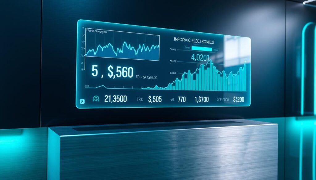 A dynamic electronic pricing display for "Informic Electronics" components, showcasing real-time fluctuations in costs. Sleek, minimalist design with a holographic interface floating above a brushed metal frame. Vibrant graphs and charts reflect the ebb and flow of supply and demand, adapting prices accordingly. Cool blue and green hues cast a futuristic glow, while strategic lighting highlights the precision engineering. The scene conveys a sense of technological sophistication and the power of AI-driven predictive analytics to optimize pricing strategies.